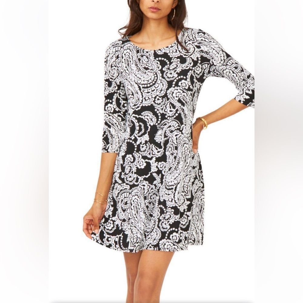 MSK Womens Black Stretch Printed 3/4 Sleeve ScoopNeck fit&flare size S runs bi